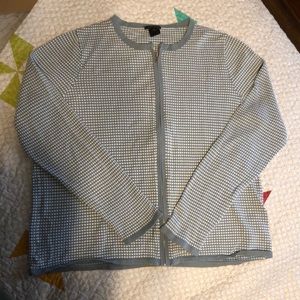 Ann Taylor Factor zip cardigan with white polka dots